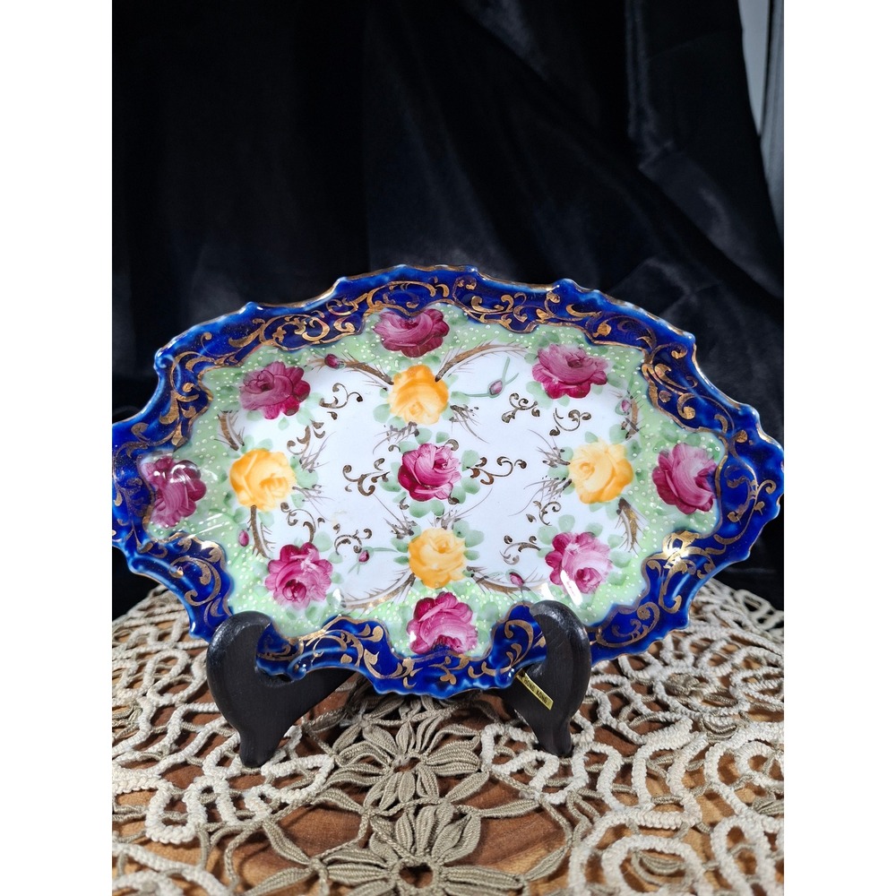 Vintage Hand Painted Porcelain Trinket Dish Cobalt Blue Gold Scalloped Rose Bowl